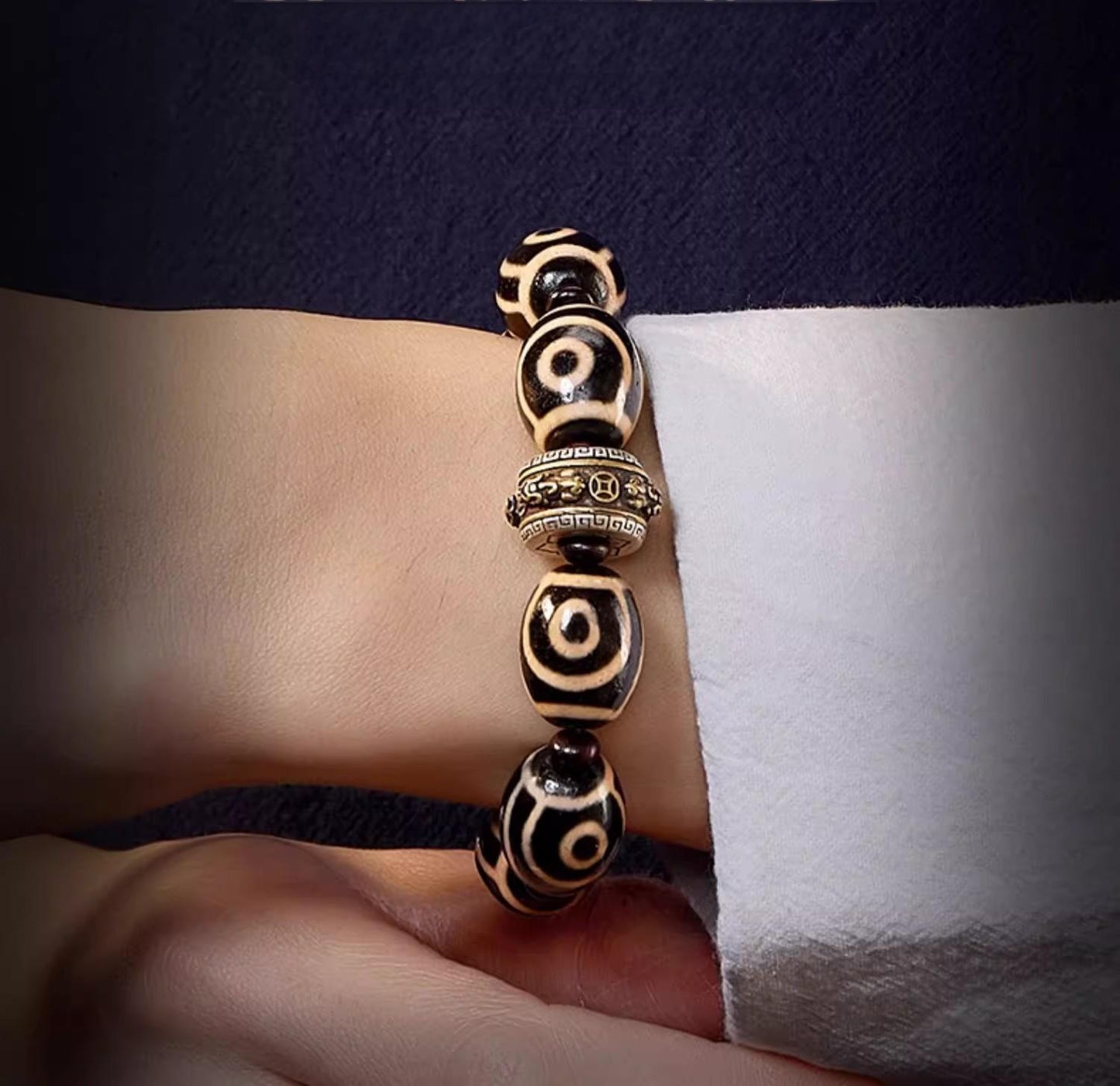 Tibetan Two-Eye Dzi Agate & Pixiu Bracelet - Spiritual Armor & Wealth