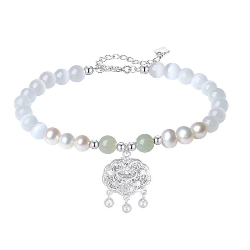 999 Silver Ruyi Bracelet with Cat's Eye & Pearls - Health & Harmony