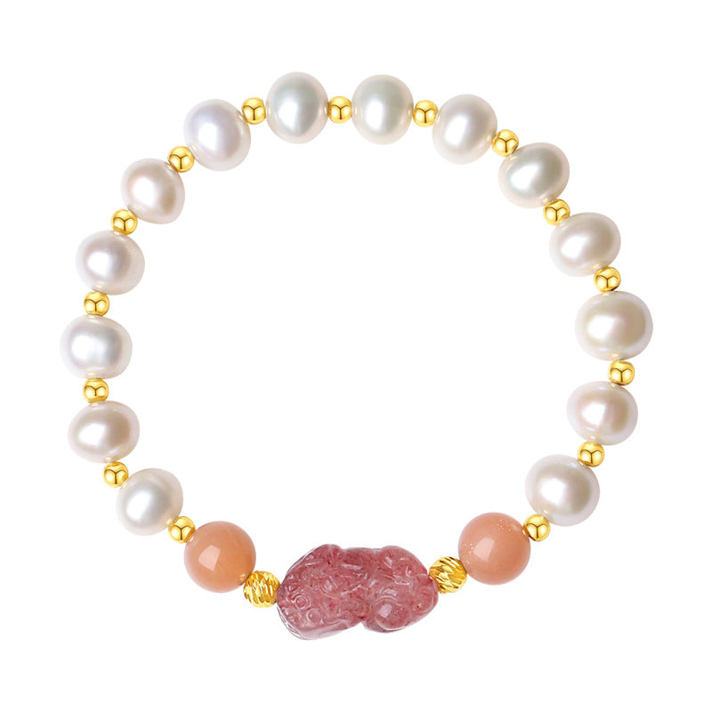 S925 Silver Strawberry Quartz & Pearl Pixiu Bracelet - Fortune & Vitality