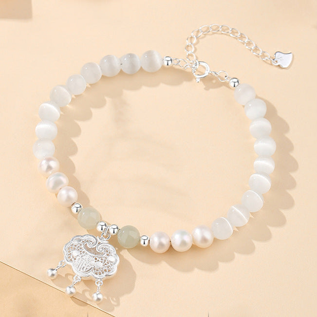 999 Silver Ruyi Bracelet with Cat's Eye & Pearls - Health & Harmony