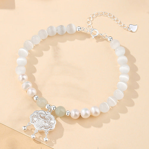 999 Silver Ruyi Bracelet with Cat's Eye & Pearls - Health & Harmony