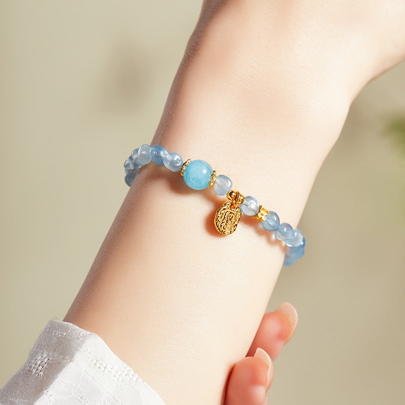 S925 Silver Blue Sea Stone & Nanhong Agate Bracelet - Calm & Prosperity