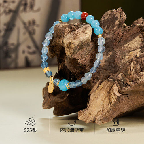 S925 Silver Blue Sea Stone & Nanhong Agate Bracelet - Calm & Prosperity