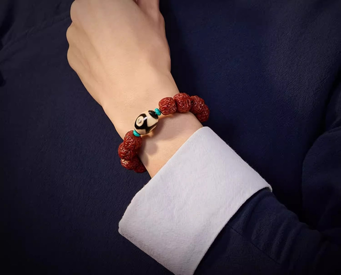 Three-Eye Dzi & Rudraksha Bracelet - Spiritual Defense & Inner Strength