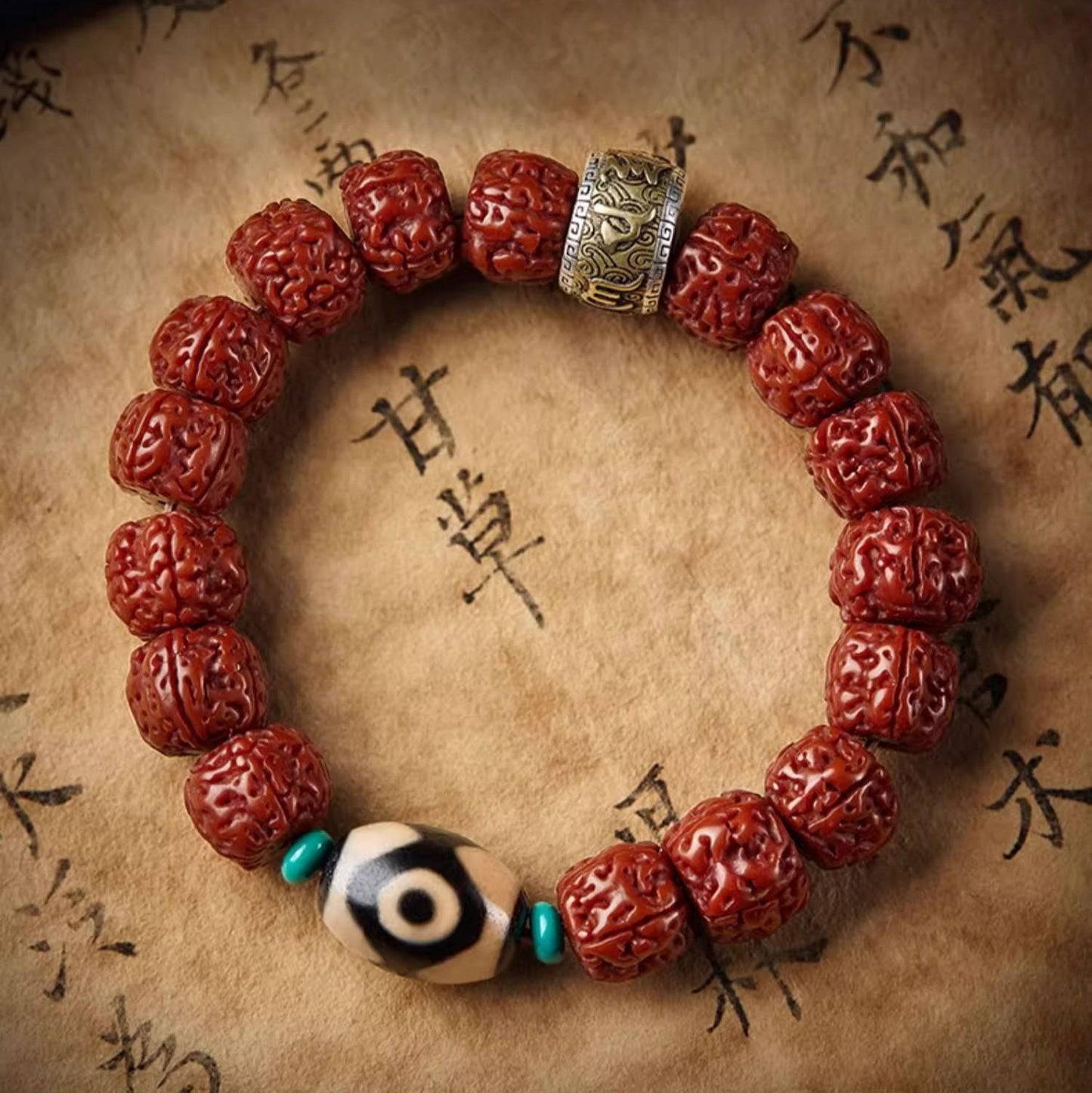 Three-Eye Dzi & Rudraksha Bracelet - Spiritual Defense & Inner Strength