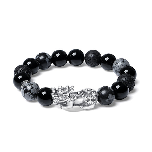 Pure 999 Silver Pixiu Obsidian Bracelet - Wealth & Guarding