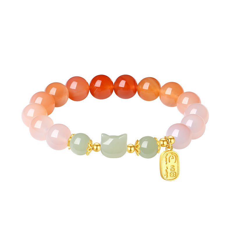 Certified Hetian Jade &amp; Red Agate Cat Bracelet - Fortune &amp; Vitality
