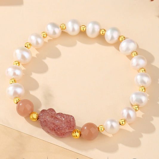 S925 Silver Strawberry Quartz & Pearl Pixiu Bracelet - Fortune & Vitality