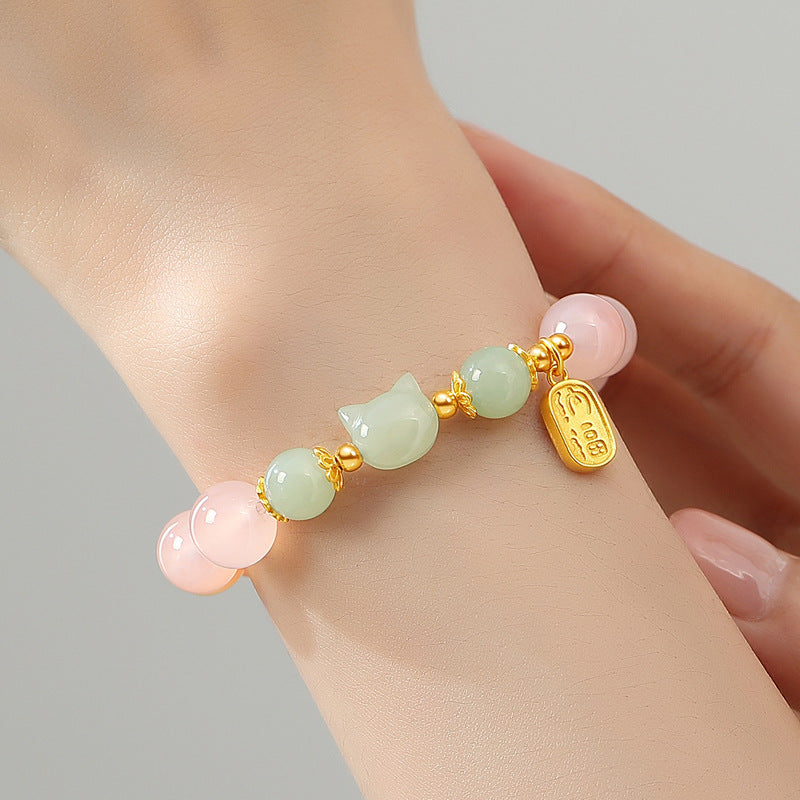 Certified Hetian Jade &amp; Red Agate Cat Bracelet - Fortune &amp; Vitality