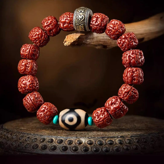 Three-Eye Dzi & Rudraksha Bracelet - Spiritual Defense & Inner Strength