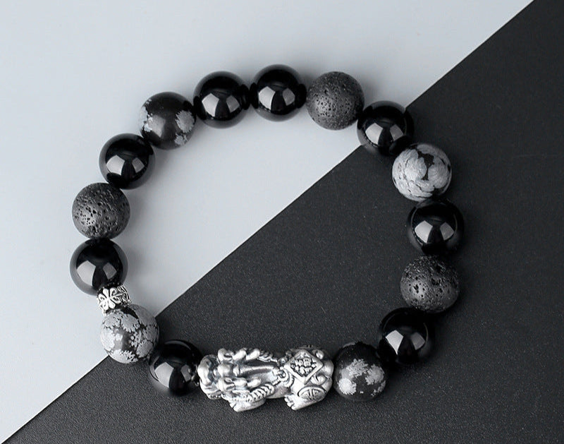 Pure 999 Silver Pixiu Obsidian Bracelet - Wealth & Guarding