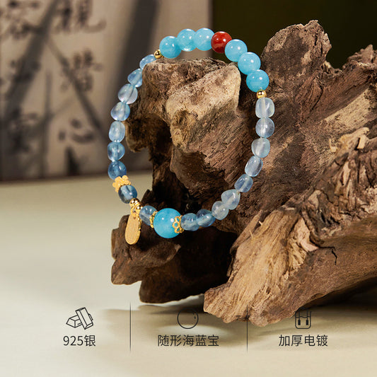 S925 Silver Blue Sea Stone & Nanhong Agate Bracelet - Calm & Prosperity