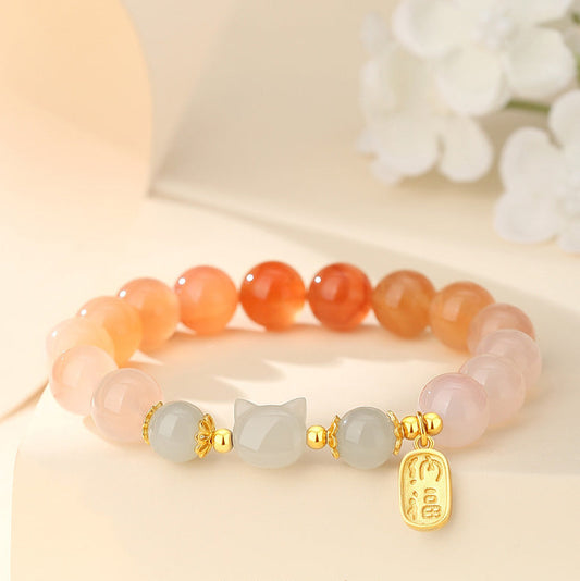 Certified Hetian Jade &amp; Red Agate Cat Bracelet - Fortune &amp; Vitality